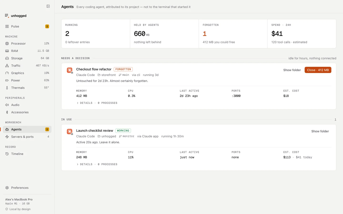Unhogged's Agents screen: AI coding tools by project, with memory, idle time and estimated cost.